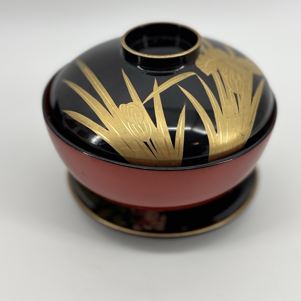 Vintage Japan Edo Red Black Lacquer Makie Wooden Lidded SoupRice Bowl Lid Saucer